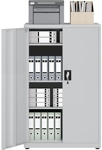 LAND·VOI Stahlschrank 4 Ebenen mit Schloss verstellbare Einlegeböden Doppeltüren Aktenschrank Werkzeugschrank für Büro Garage Haushalt Werkstatt 80x40x131.5 cm Hellgrau