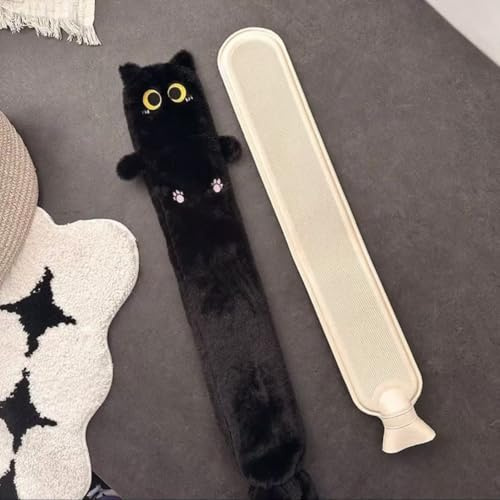 RNPKZ Wärmflasche Katzen Lang Mit Weichem Bezug, 2 L Wärmflasche Tier Mit Bezug, Nackenwärmflasche, Long Hot Water Bottle, WäRmeflasche Schlauch für Rücken Nacken Schulter Unterleib (75cm, Schwarz)