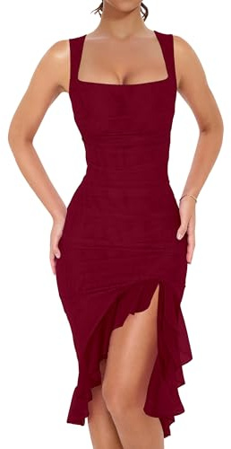 BORIFLORS Women's Sexy Ruched Bodycon Midi Dresses Square Neck Sleeveless Ruffle Hem Club Party Tank Dress, Medium, Wine Red