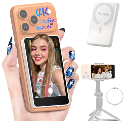 Moman Selfie Monitor Handy 3,97 Zoll Kabellos für Rückkamera | Kompatibel mit iPhone 7-17 & Android, 4K/1080p, 50m, stabile Echtzeit-Vorschau für Vlog, Tiktok & Livestream - Weiß