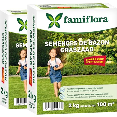 Famiflora Semences de gazon Jouez et faites du sport 2 x 2 kg (jusqu'à 200 m2) - Gazon puissant qui survit au jeu et au sport - Tapis de gazon dense pour éviter les mauvaises herbes - Germination