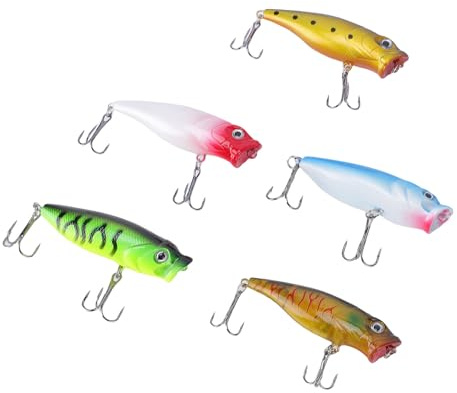 SPYMINNPOO 5-teiliges Angelköder-Set, Hartplastikköder mit Rasseln für Barsche, 7 cm 7,5 G Popper-Schwimmköder für Salzwasser-Süßwasser-Topwater-Angeln