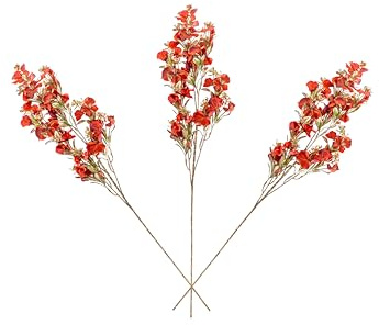 Hillblake Fiori di orchidea artificiali con foglie di eucalipto dorato, 3 steli, 76 cm di altezza, colori assortiti, rosso, arancione, viola, blu o verde, composizione floreale decorativa (rosso)