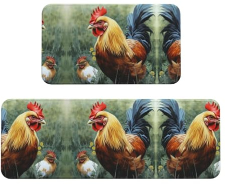 Chicken Art Print Kitchen Rugs Set of 2, Cushioned Anti-Fatigue Kitchen Mats for Floor, Waterproof Comfort Standing Mat Absorbent Velvet Kitchen Runner Rugs 17x30+17x47