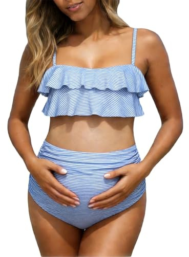 Generisch Bikini premamá de dos piezas con cintura alta patrón de rayas como cómodo traje de baño para mujeres embarazadas en la piscina