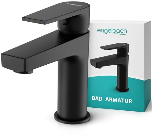 Engelbach® Wasserhahn Bad Schwarz - 304 Edelstahl Waschtischarmatur mit langlebiger Keramikkartusche - inklusive 2 Schläuche & Anleitung, Armatur Badezimmer