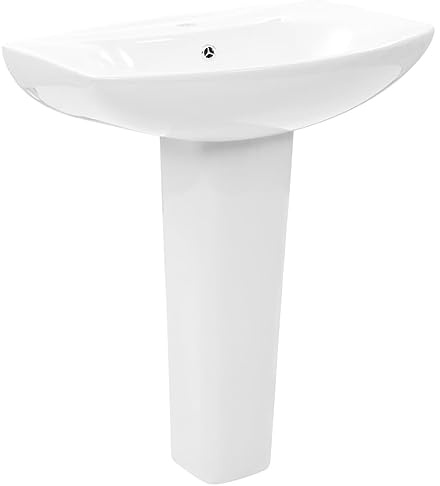 Foknhdi Lavabo de pie con columna de cerámica esmaltada – Moderno lavabo de pie en blanco con rebosadero y agujero para grifo para baño y lavadero, 650 x 520 x 200 mm