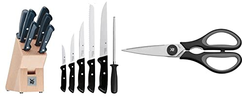 WMF Classic Line Juego de 5 Cuchillos y Afilador Chaira con Soporte de Madera, Hoja de Acero Templado con Filo de Larga Duración & Touch Tijeras de Cocina, Acero Inoxidable, Negro, 21cm