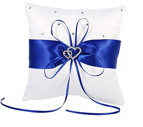 Coussin Oreiller avec Décoration de Strass Nœud Papillon Double Coeur Ruban Oreiller pour Anneau de Mariage Décoratif Romantique Cérémonie de Mariage 20 x 20cm (bleu)