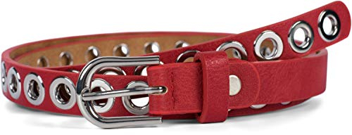styleBREAKER Damen schmaler Gürtel mit Lochnieten und einfarbiger matter Oberfläche, Vintage Style, kürzbar 03010109, Farbe:Rot, Größe:90cm