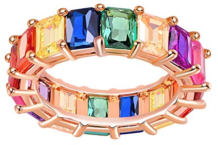 GNOCE Ring Damen Bunte Steine Roségold Frauen Bandringe Regenbogen Baguette geschnittene Ringbänder mit bunten Zirkonia Ewigkeit Eheringe Versprechen Ringe für Sie (Rosegold, 57 (18.1))