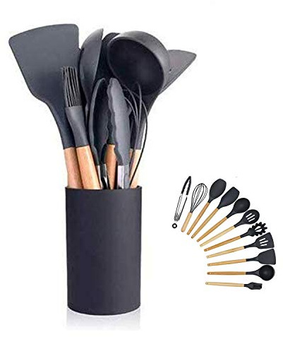 Ustensiles de Cuisine en Silicone Ensemble d'ustensiles de Cuisine poignées en Bois résistant à la Chaleur Gadgets de Cuisine Gris Outils pour ustensiles de Cuisine antiadhésifs (Noir-12pcs)
