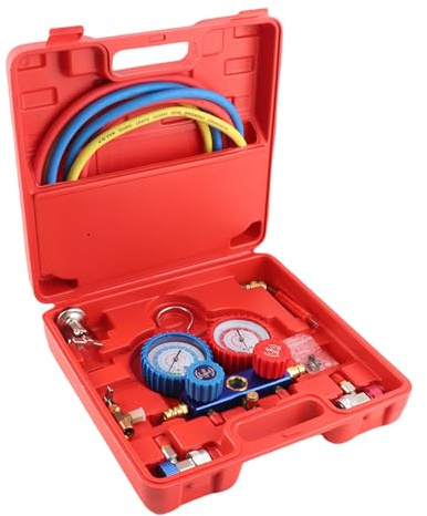 Juego de Manómetros para Aire Acondicionado con Manguera de Carga de 5 Pies, Conectores Rápidos y Estuche de Almacenamiento – Kit de Presión para Sistemas de Refrigeración A/C y Automoción