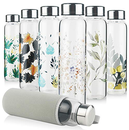 Reeho Borosilicate Glass Water Bottle, Glass Drinking Bottle with Neoprene Sleeve and Leakproof Stainless Steel Lid 500 ml / 1000 ml / 1 Litre