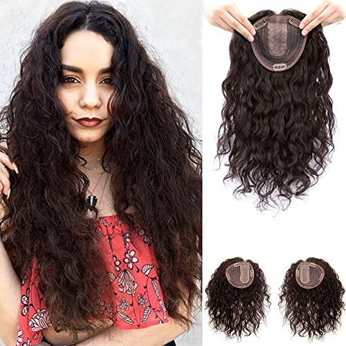Eree Hair 20,3 cm kurzer lockiger Echthaar-Topper für Frauen, 12,7 x 14,1 cm U-Form, Seidenbasis, natürliches gewelltes Haar, Topper, Top-Haarteile, linker Teil, dunkelbraun