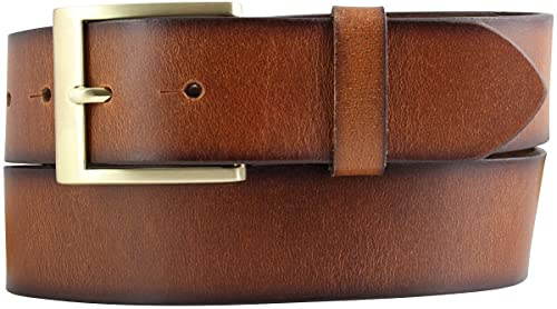 BELTINGER Herren-Gürtel mit goldener Gürtelschnalle Vintage-Look 4 cm | Jeans-Gürtel aus Vollrindleder für Herren 40mm | Mit geschwärzten Kanten | Cognac 85cm