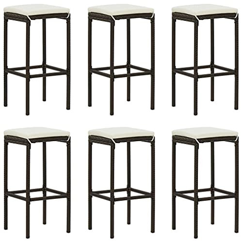 Makastle 6er-Set Barhocker mit Fußstütze & Sitzkissen Outdoor Tresenhocker Poly Rattan Barstuhl, sitzhöhe 76 cm, Metallgestell, Braun 38 x 38 x 76 cm