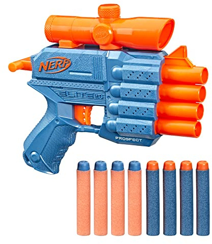 Nerf Elite 2.0 Prospect QS-4 Blaster, 8 Offizielle Nerf Elite-Darts, 4-Dart Blasting, Nicht abnehmbares Zielfernrohr, Pull-Back Priming