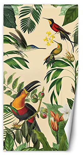 Feeby Türtapete selbstklebend Kolibri Tukan Exoten 100x200 cm Türposter Türsticker Fototapete Wohnzimmer Schlafzimmer Kinderzimmer Büro Blätter Natur Dschungel Blumen Grün