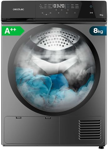 Cecotec Asciugatrice per pompa di calore 8 Kg Bolero DressCode Dry 8400 Steel A++. Essiccazione automatica, a basso consumo, controllo Full Touch, 15 programmi, tamburo in acciaio inox, KidLock,