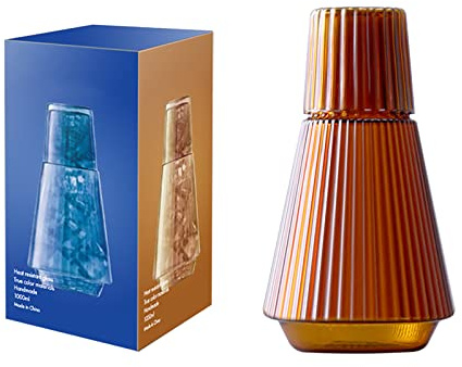 34oz Vintage Nachttisch-Wasserkaraffe und Glas-Set, Klassische Gestreifte Karaffe aus Glas mit Tumbler, Klarglas-Saft-Wasserkrug für Schlafzimmer (Bernstein)