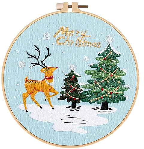 JSRQT Stickerei Stick Starter Kit Weihnachts Rentier Gestempelten Sticksets für DIY Kunst Embroidery Set Kreuzstich Kit Cross Stitch Kit für Anfänger Erwachsene Stickerei Tool Kit Stickset