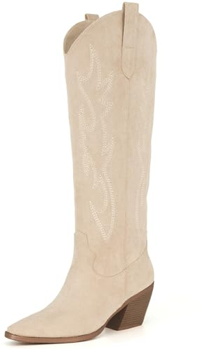 iiimmu Western Boots Women Knee High Pointed Toe and Chunky Low Heel Suede Cowboy Boots with Embroidered, Beige, Size 9.5