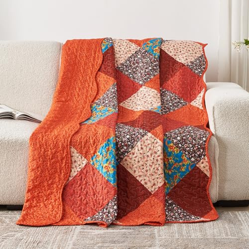 Qucover Quilted Throw Blanket 59x79 Inch, Burnt Orange Patchwork Quilt, Lightweight Microfiber Fall Quilt Bedspread for Twin Size Bed Sofa Couch