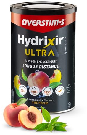 Overstim.s - Boisson énergétique Hydrixir Ultra (400g) - 3 sources de glucides - 4 électrolytes - 6 vitamines - BCAA + Glutamine - Bicarbonate de sodium - Saveur peu sucrée - Thé pêche