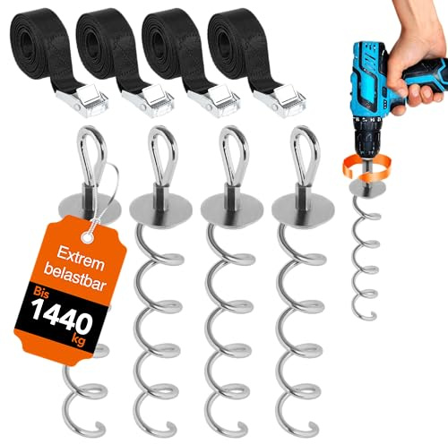 NewHabitat 4X Erdanker Bodenanker Stahl 38cm – Set für Trampolin & Zelt | Erdanker Set inkl. Spanngurte für Trampolin, Pavillon, Zelt, Schaukel & Sonnensegel, 9-teilig, extra stabil & wetterfest