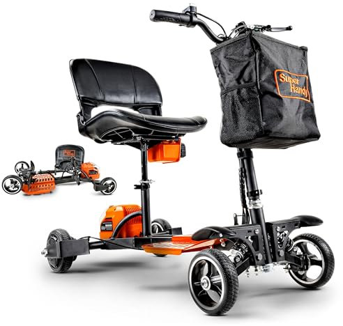 SuperHandy Passport Pro Mobility Scooter - Foldable Aluminum Frame, 4 Wheels, Includes 2 48V 2Ah Li-Ion Batteries & Charger, Supports up to 150kg [Patent Pending] (Orange & Black, 150kg)