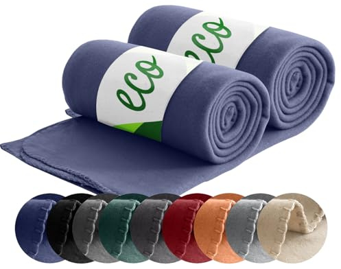 wometo 2er Set Eco Fleecedecken 130x160 – 100% recyceltes Polyester, ca. 400 g je Decke, Anti-Pilling, Kettelrand, Oeko-TEX – dunkelblau