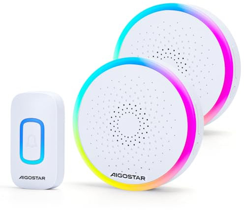 Aigostar Timbre Inalámbrico RGB, Timbre Inalámbrico Exterior Impermeable Sin Pilas, IP55, 5 Niveles De Volumen (0-120dB) Y 60 Melodías, Blanco (2 Receptor Y 1 Transmisor)