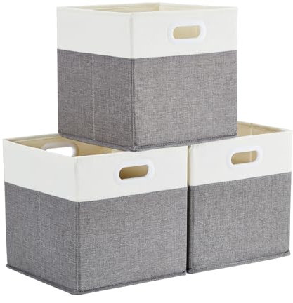 Mangata Cajas de almacenamiento de 33 x 38 x 33 cm, cestas de almacenamiento de tela para cubos de ropa, cestas, cofres, juguetes (Blanco Gris, 3 piezas)