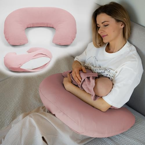 PaLulli® Musselin Stillkissen Stillkissenbezug aus 100% Musselin Baumwolle - Stillkissen für Baby, Stillhörnchen Baby, Stillkissen Atmungsaktiv & Waschbar, Stillkissen (Rosa)