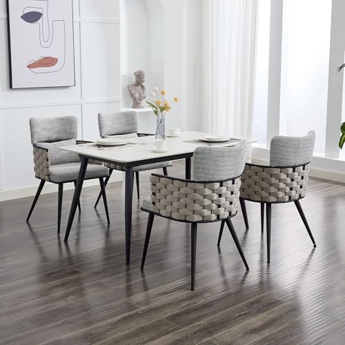 AISALL Esszimmerstühle 4er Set, Küchenstuhl, Polsterstuhl mit Gewebte Riemen Armlehnen, Wohnzimmerstuhl Sessel für Esszimmer, Küche, bis 136 kg belastbar, Metallbeine, Beige