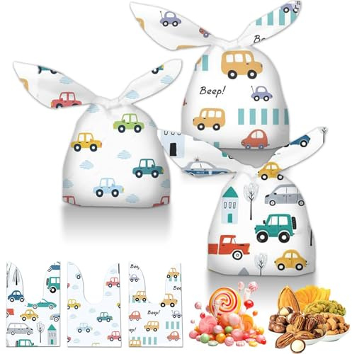 10 Stück Zellophanbeutel mit Cartoon-Auto, Transparent Geburtstags Tüten, Bonbontüten, Süßigkeitentüten, Kunststofftüten für Schokolade, Nüsse, Kuchen, Süßigkeiten, Geschenktüte