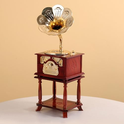 JOROBURO Gramophone Music Box, Exquisite Clockwork Mechanical Retro Music Box Figurines, Classical Trumpet Gramophone Cosmetic Box and Jewelry Box for Home Table Desk Decorations (Brown