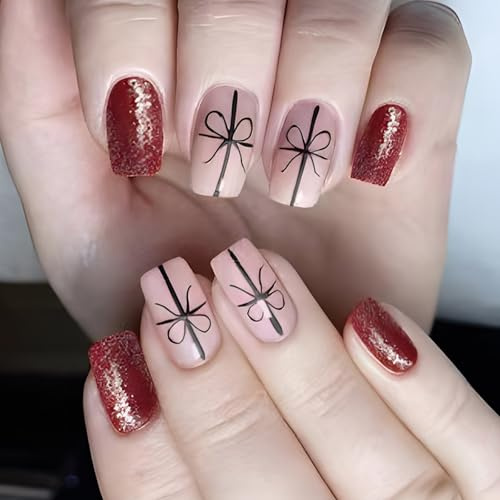 Lot de 24 faux ongles de Noël courts pour l'hiver - Couverture complète - Rubans de Noël à presser
