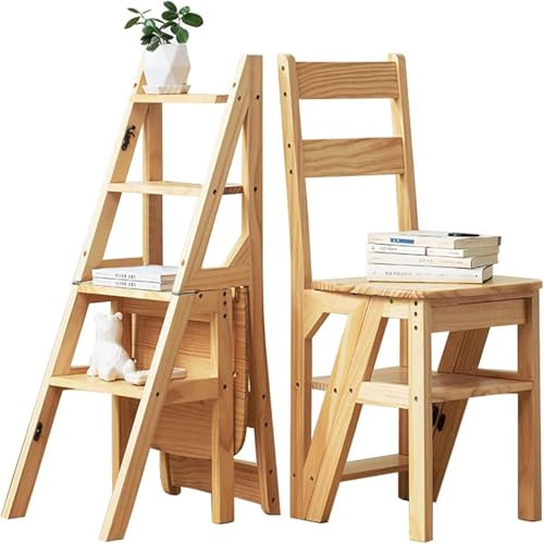 4 Step Wooden Folding Ladder Chair Multifunctional Stairway Chair for Kitchen and Office Library Step Bookshelf Shelf Fold Up Stepladder