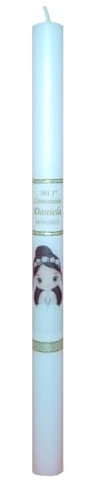 VELA (CIRIO) PARA COMUNIONES PERSONALIZADA. MEDIDA 3x40 CM DECORADA DIBUJOS NIÑO/NIÑA COMUNIÓN (CASTAÑA)