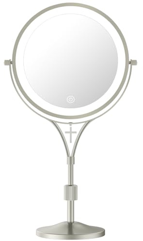 LANSI 1x/10x Magnifying Mirror with 3 Color Lights and Cross Charm, 7 Lighted Makeup Mirror with Magnification, Height Adjustable Vanity Mirror, Birthday Christian Gifts for Women, Brushed Nickel