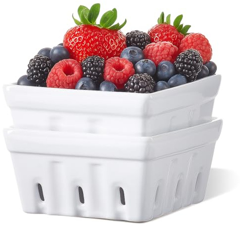 ONEMORE Set di 2 ciotole quadrate in ceramica per frutti di bosco, con fori, per frigorifero, 14,7 cm, cesto di frutta per decorazione della cucina, colore: bianco