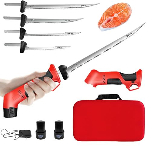 Cuchillo eléctrico inalámbrico para filetear Pescado, 390 W, con 4 Hojas dentadas de Acero Inoxidable, Velocidad Variable Continua y Mango Antideslizante, Ideal para Uso en casa