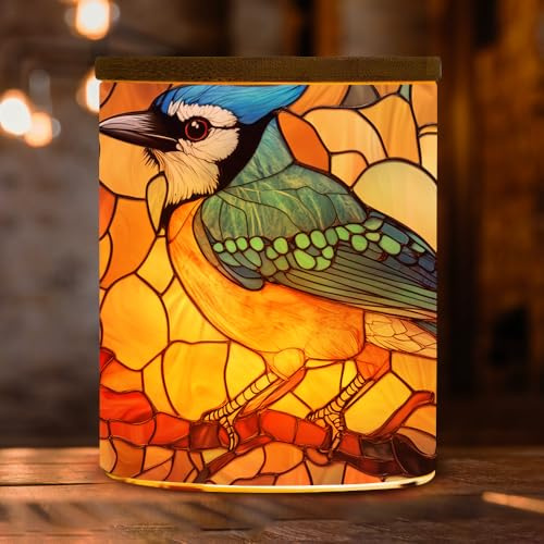 Stained Glass Blue Jay Tea Light Holder LED Candle Jar, Votive Candle Holder with Bamboo Lid, Blue Jay Bird Stained Glass Tealight Holder for Christmas Table Centrepiece, Party, Home Decor
