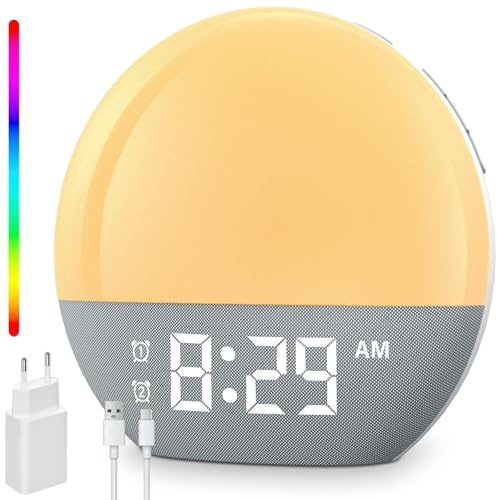 BOOTEEK Tageslichtwecker, Lichtwecker Sonnenaufgang Wecker mit Digital Doppelalarm 18 Farblicht 20 Helligkeit 24 Naturgeräusche FM-Radio, Farbige Sonnenaufgangssimulation,Geschenke für Frauen & Männer