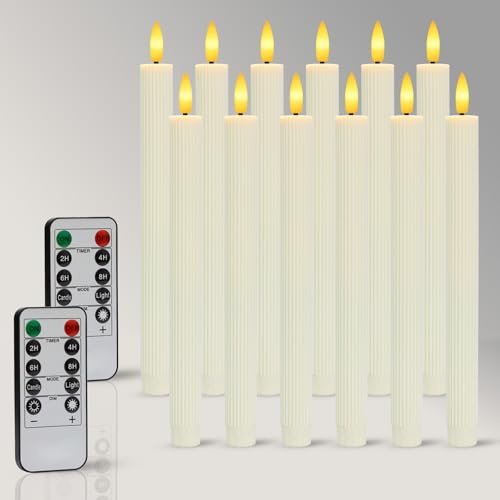 Dixmas 12 Stück LED Stabkerzen mit Fernbedienung Flammenlose Tafelkerzen mit Timerfunktion, LED Kerzen Perfect für Weihnachten, Streifenmuster, Warmweiß