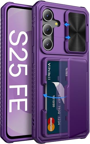 Vihibii för Samsung Galaxy S25 FE fodral med kortfack (4 kort), kameraskydd, stötsäkert skyddsfodral, repskyddande fodral, robust TPU-silikon RFID-skydd fodral för Samsung S25 FE 6,7 tum, lila