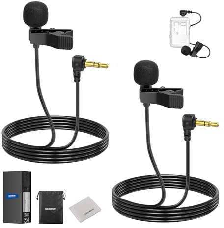 NEEWER LM5 Mini-Lavalier-Mikrofon (2 Stück), 6.6ft / 2 m, kabelgebunden, 3,5 mm TRS-Kondensator-Revers-Lav-Mikrofon mit Reinigungstuch, kompatibel mit DJI Mic Rode Wireless Go II NEEWER CM28 CM31
