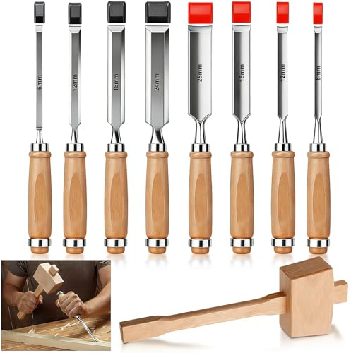 9 Pcs Wood Carving Chisel Set Woodworking Chisels Kit with Beechwood Handles, Chromium Molybdenum Steel Beveled Edge Bench and Round Chisel for Beginners, DIY Carpentry and Woodworking